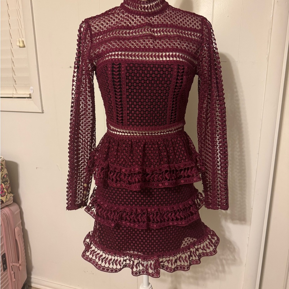 Self-Portrait Burgundy Long Sleeve Lace Dress - Picture 3 of 13